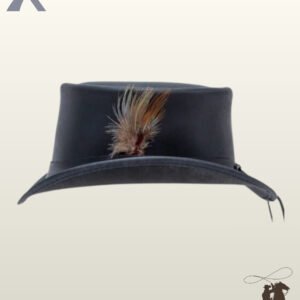 Front profile view of a black leather steampunk top hat displaying its natural feather plume embellishment and rear hatband hanging ties.
