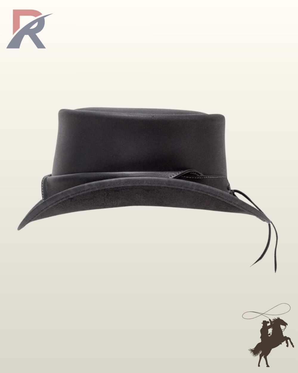 Side profile view of a black leather steampunk top hat displaying a rolled brim silhouette, rear hatband knot, and hanging leather cord ties.