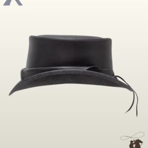 Side profile view of a black leather steampunk top hat displaying a rolled brim silhouette, rear hatband knot, and hanging leather cord ties.