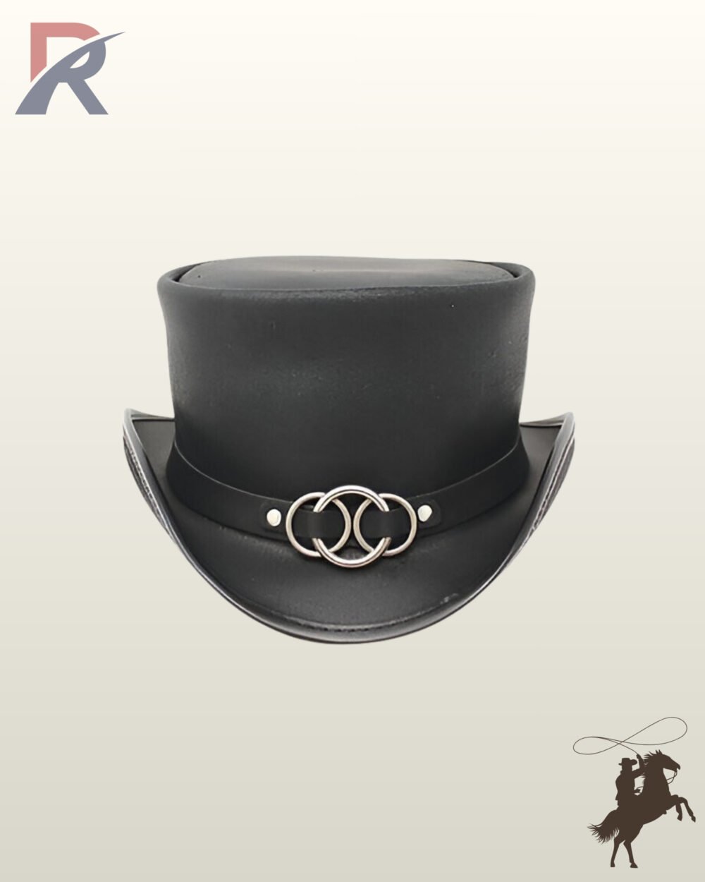 Front view of a black leather steampunk top hat featuring an interlocking silver ring buckle hatband and a rolled brim.
