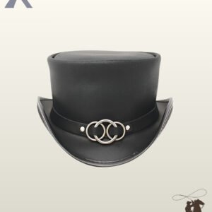 Front view of a black leather steampunk top hat featuring an interlocking silver ring buckle hatband and a rolled brim.