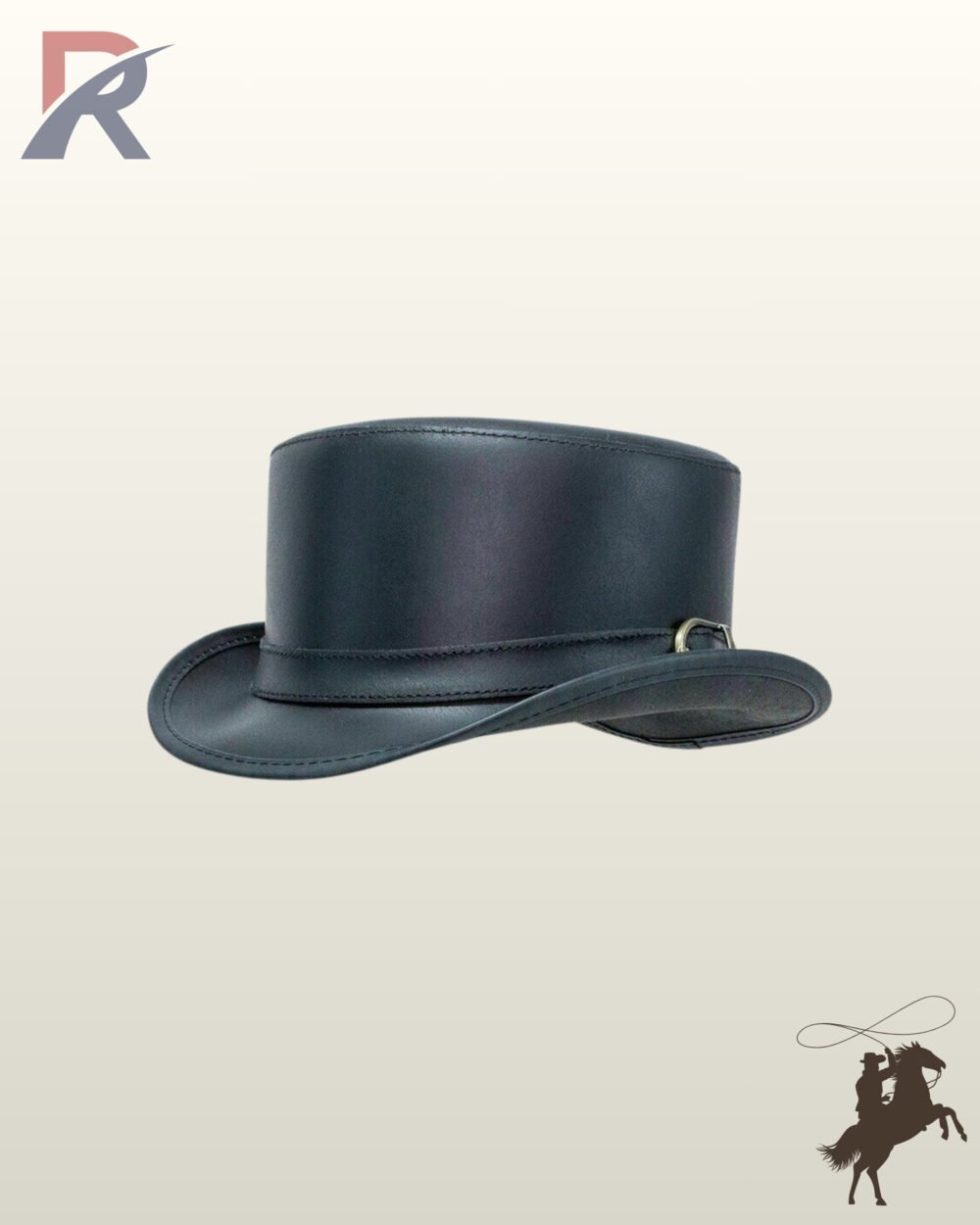 Three-quarter side view of a smooth black leather steampunk top hat featuring a slim stitched hatband with a small brass buckle accent.