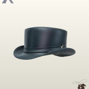 Three-quarter side view of a smooth black leather steampunk top hat featuring a slim stitched hatband with a small brass buckle accent.