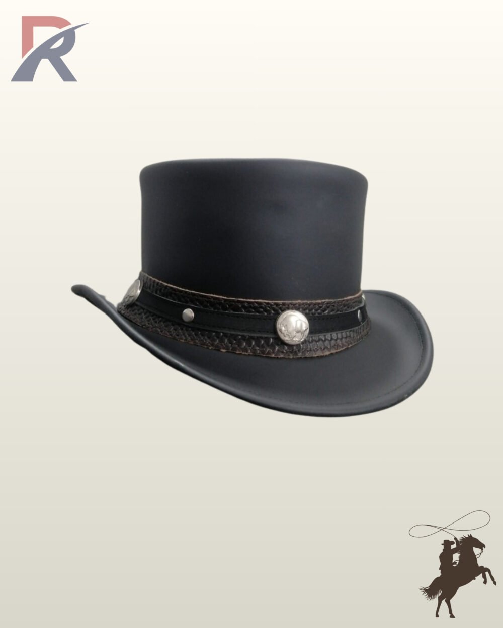 Gothic black leather top hat displaying a tall flat crown, curved brim, and exotic textured leather band with silver coin accents.