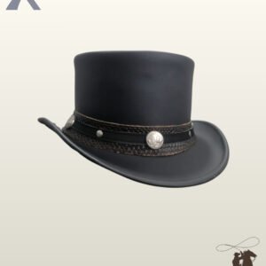 Gothic black leather top hat displaying a tall flat crown, curved brim, and exotic textured leather band with silver coin accents.