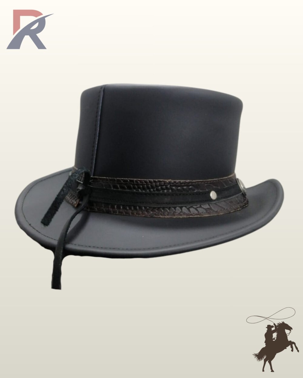 Rear three-quarter view of a black leather steampunk top hat displaying its vertical back seam, snake-textured hatband, and tied rear cords.