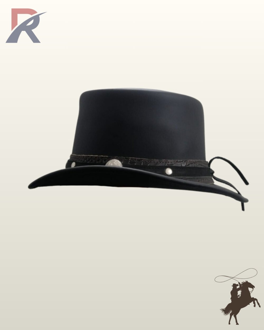 Side profile view of a black leather steampunk top hat showing its smooth crown, snake-patterned hatband, silver concho studs, and rear ties.
