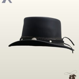 Side profile view of a black leather steampunk top hat showing its smooth crown, snake-patterned hatband, silver concho studs, and rear ties.