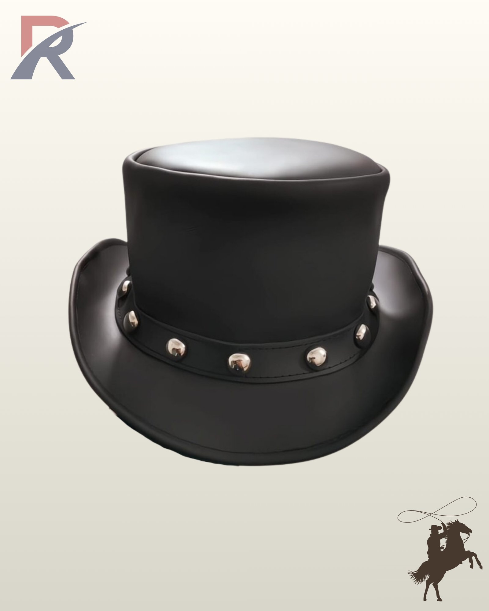 Gothic victorian style black leather top hat featuring a tall flat crown, upturned side brims, and shiny silver stud embellishments.