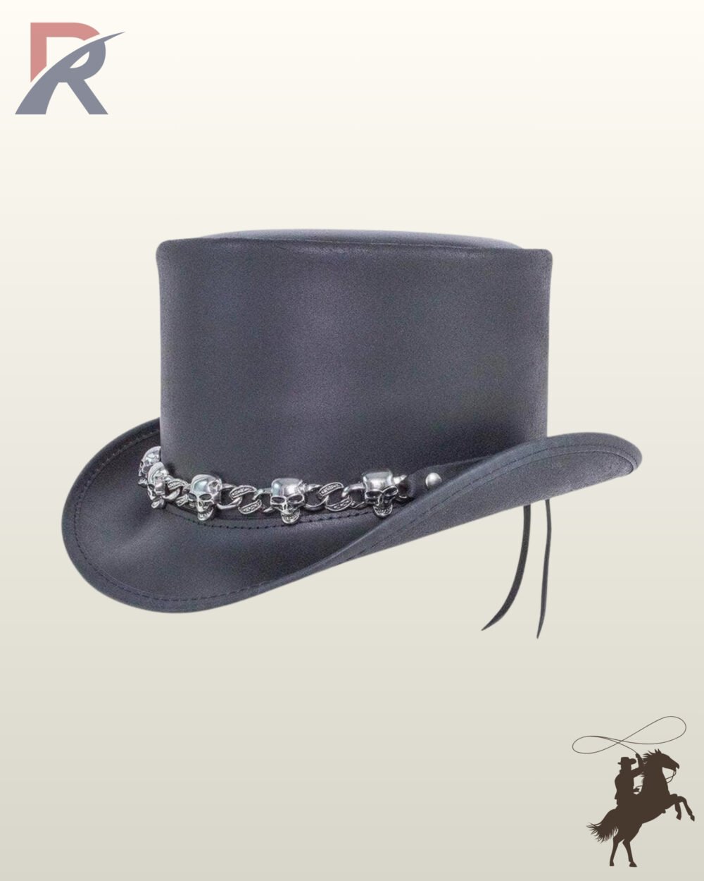 Handcrafted gothic black leather top hat showcasing a tall structured crown, curved rolled brim, and metallic silver skull link band.