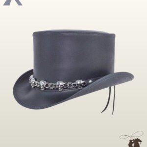 Handcrafted gothic black leather top hat showcasing a tall structured crown, curved rolled brim, and metallic silver skull link band.
