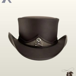 Front view of a black leather steampunk top hat featuring a pointed peaked hatband inlaid with a silver skull and crossbones metal badge.