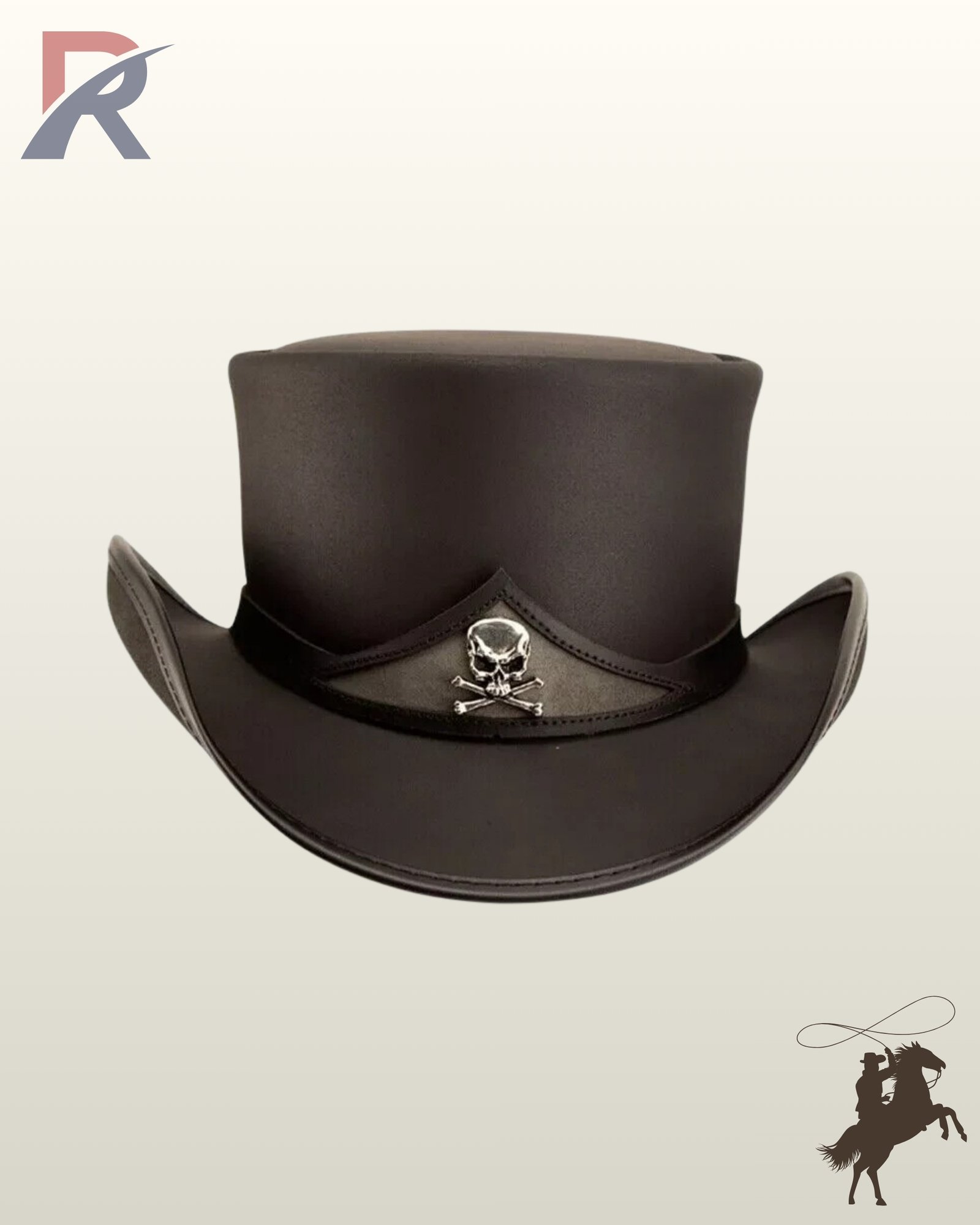 Front view of a black leather steampunk top hat featuring a pointed peaked hatband inlaid with a silver skull and crossbones metal badge.