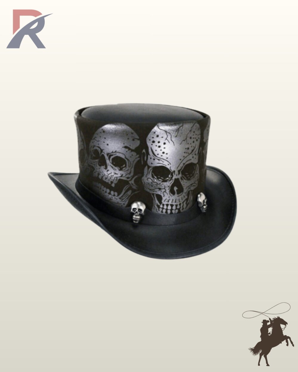 Three-quarter angled view of a black leather steampunk top hat showcasing silver skull crown art and miniature metallic skull studs.