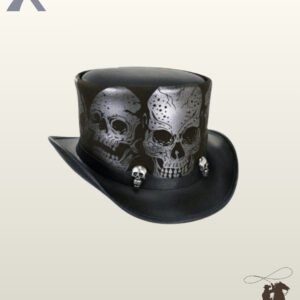 Three-quarter angled view of a black leather steampunk top hat showcasing silver skull crown art and miniature metallic skull studs.