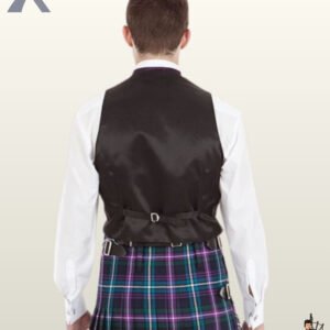 Back profile of a formal men's black kilt vest displaying an adjustable cinch strap over a white dress shirt and tartan kilt.