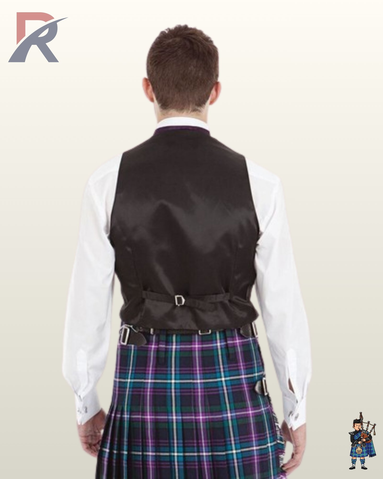 Back profile of a formal men's black kilt vest displaying an adjustable cinch strap over a white dress shirt and tartan kilt.