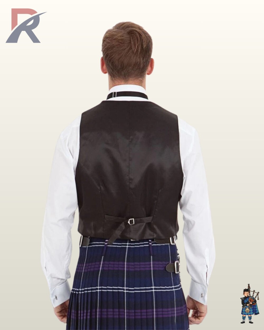 Rear view of a men's black kilt waistcoat showing the smooth satin back lining and adjustable waist strap buckle.