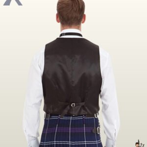 Rear view of a men's black kilt waistcoat showing the smooth satin back lining and adjustable waist strap buckle.