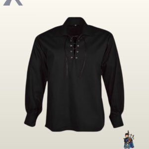 Classic men's black Scottish highland ghillie shirt designed with loose long sleeves and a drawstring neckline.