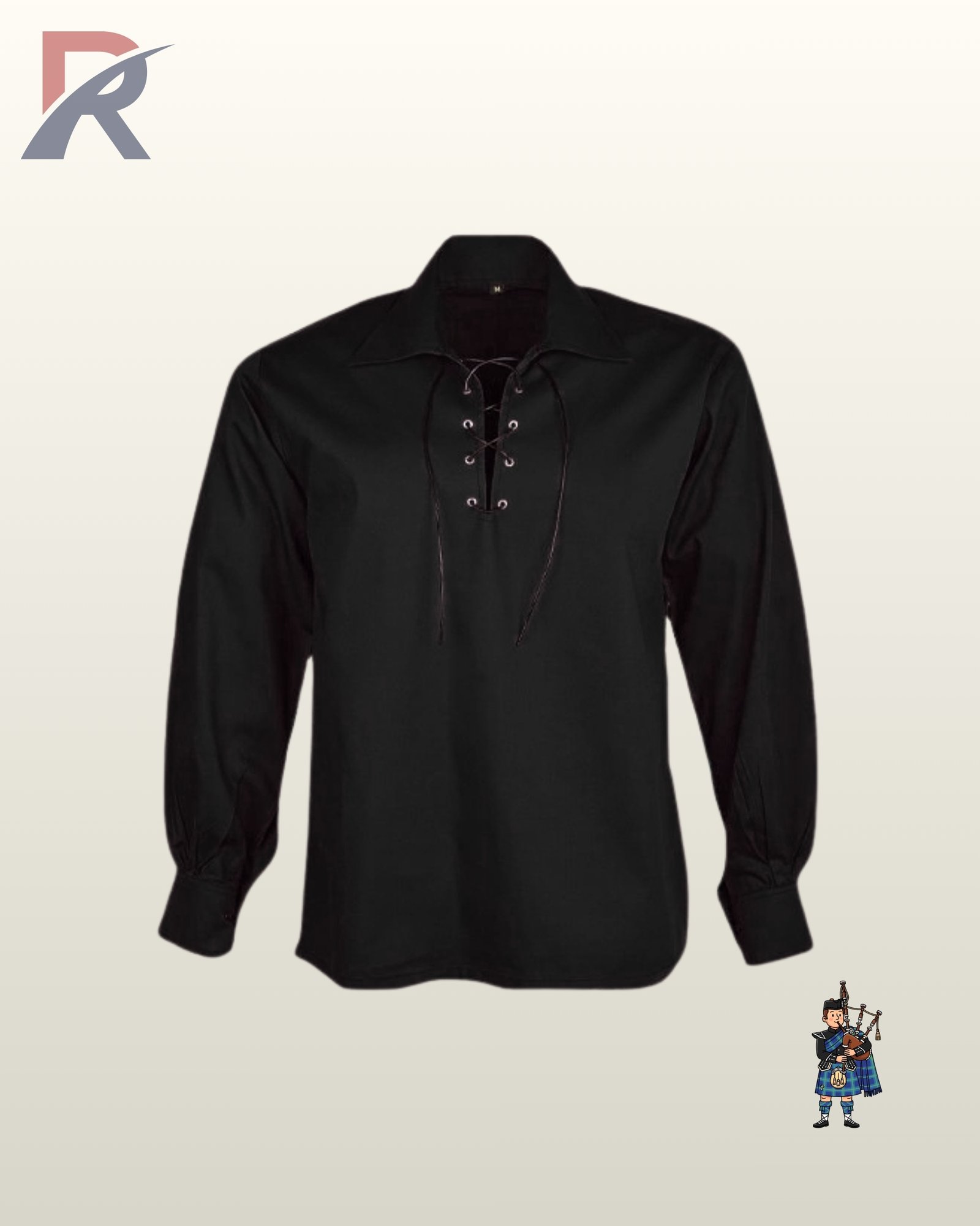 Classic men's black Scottish highland ghillie shirt designed with loose long sleeves and a drawstring neckline.