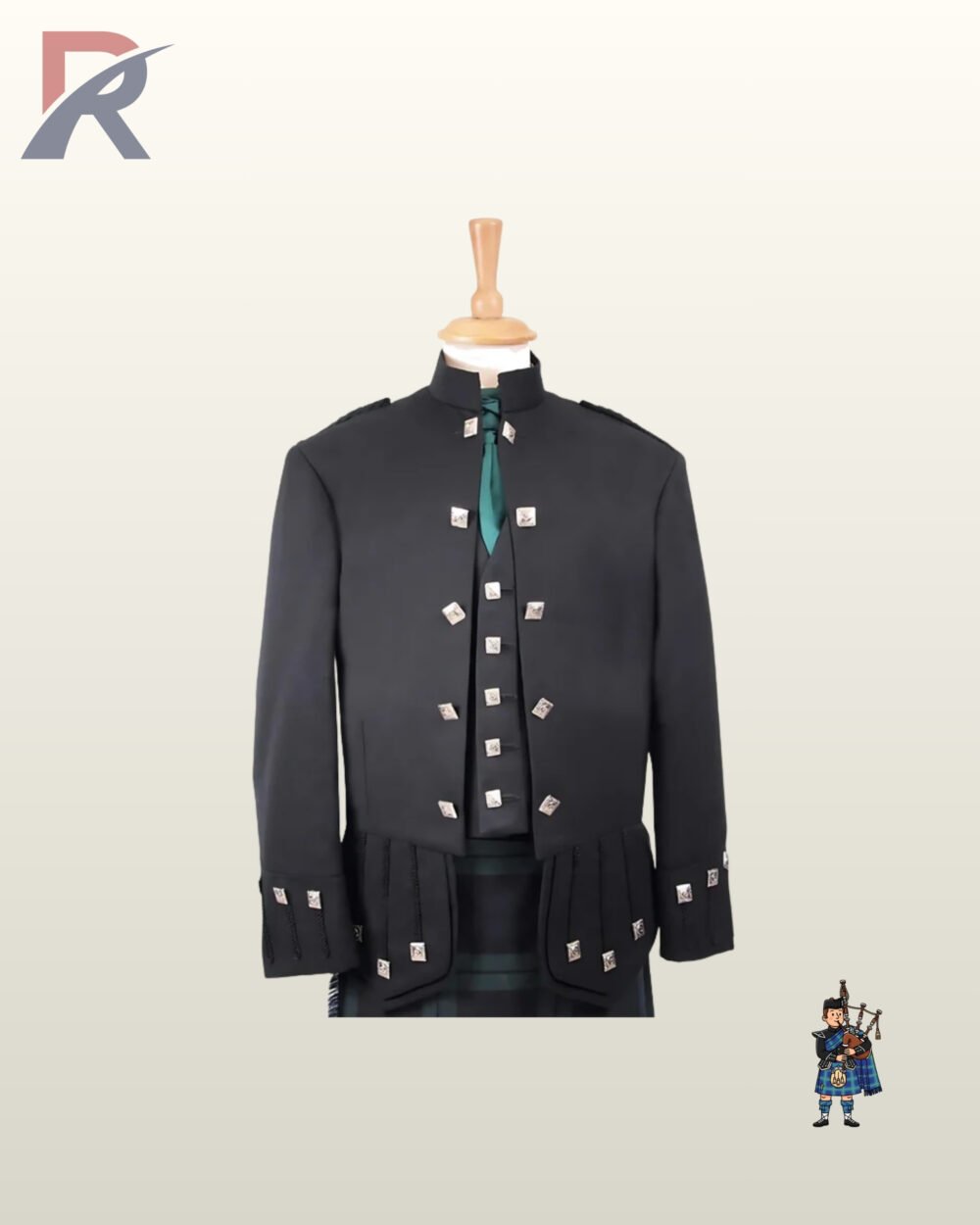Formal highland wear men's black Sheriffmuir kilt jacket and vest featuring braided sleeve gauntlets and silver hardware.
