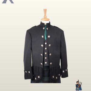 Formal highland wear men's black Sheriffmuir kilt jacket and vest featuring braided sleeve gauntlets and silver hardware.