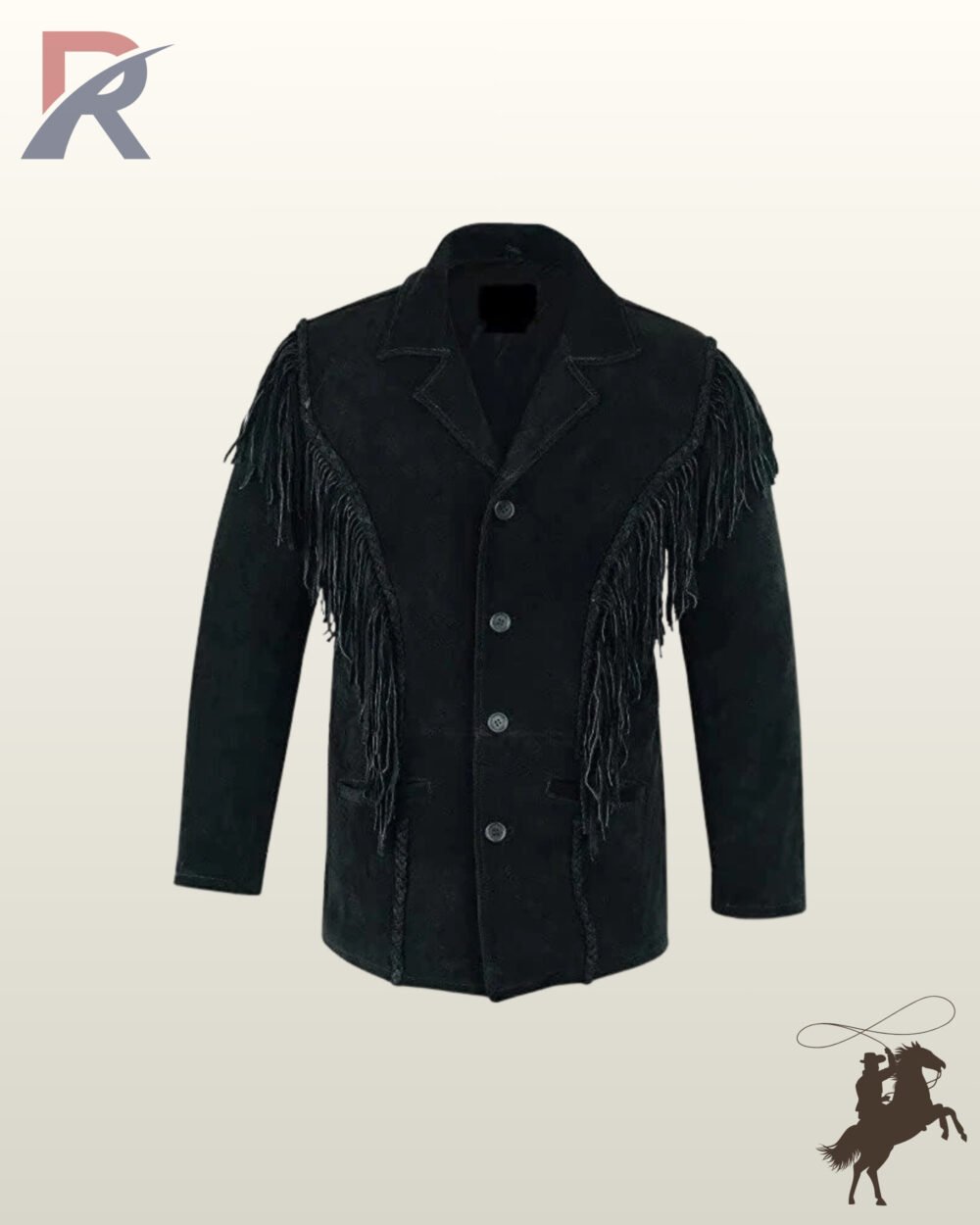 Men's black genuine suede cowboy coat styled with curved fringe trim along the front yoke, side pockets, and four-button front.