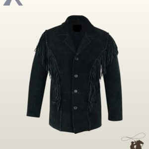 Men's black genuine suede cowboy coat styled with curved fringe trim along the front yoke, side pockets, and four-button front.