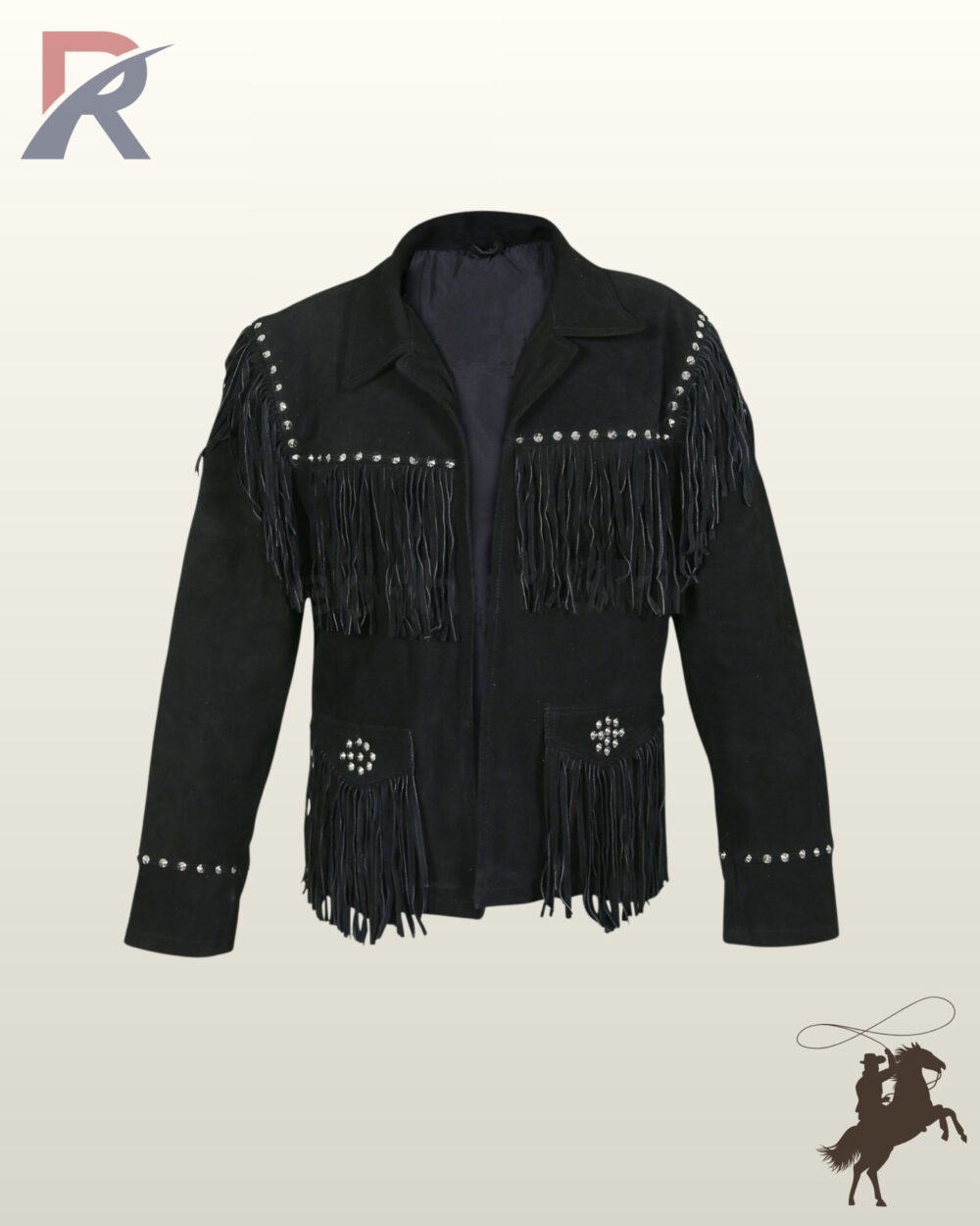Classic men's black suede cowboy jacket styled with heavy chest fringe, silver stud embellishments, turn-down collar, and front pockets.