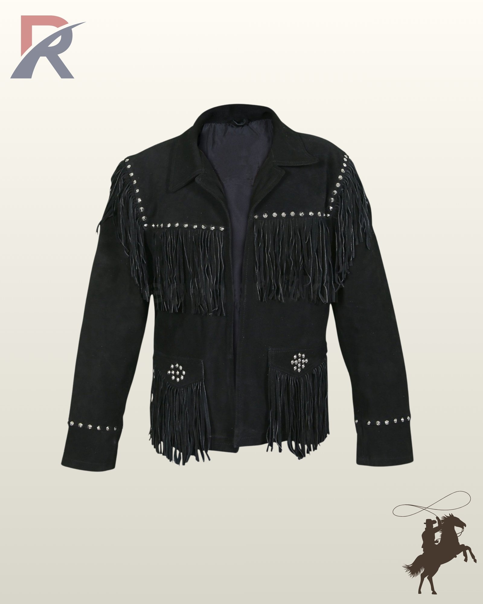 Classic men's black suede cowboy jacket styled with heavy chest fringe, silver stud embellishments, turn-down collar, and front pockets.