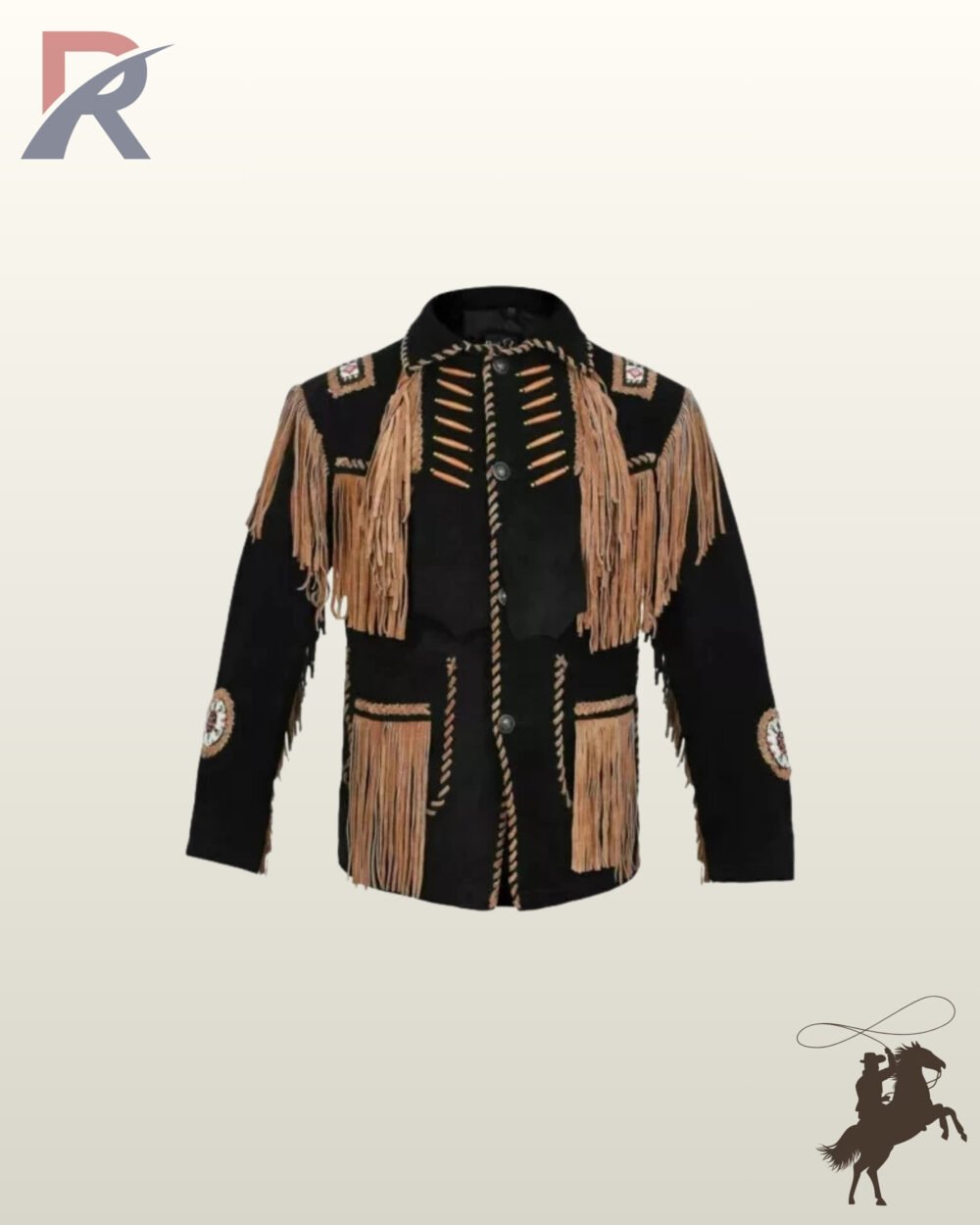 Front view of a men's black suede western jacket featuring contrasting tan fringe, bone pipe bead accents, whipstitched trim, and beaded shoulder patches.