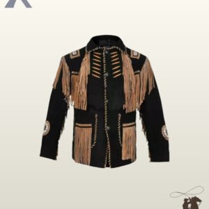 Front view of a men's black suede western jacket featuring contrasting tan fringe, bone pipe bead accents, whipstitched trim, and beaded shoulder patches.