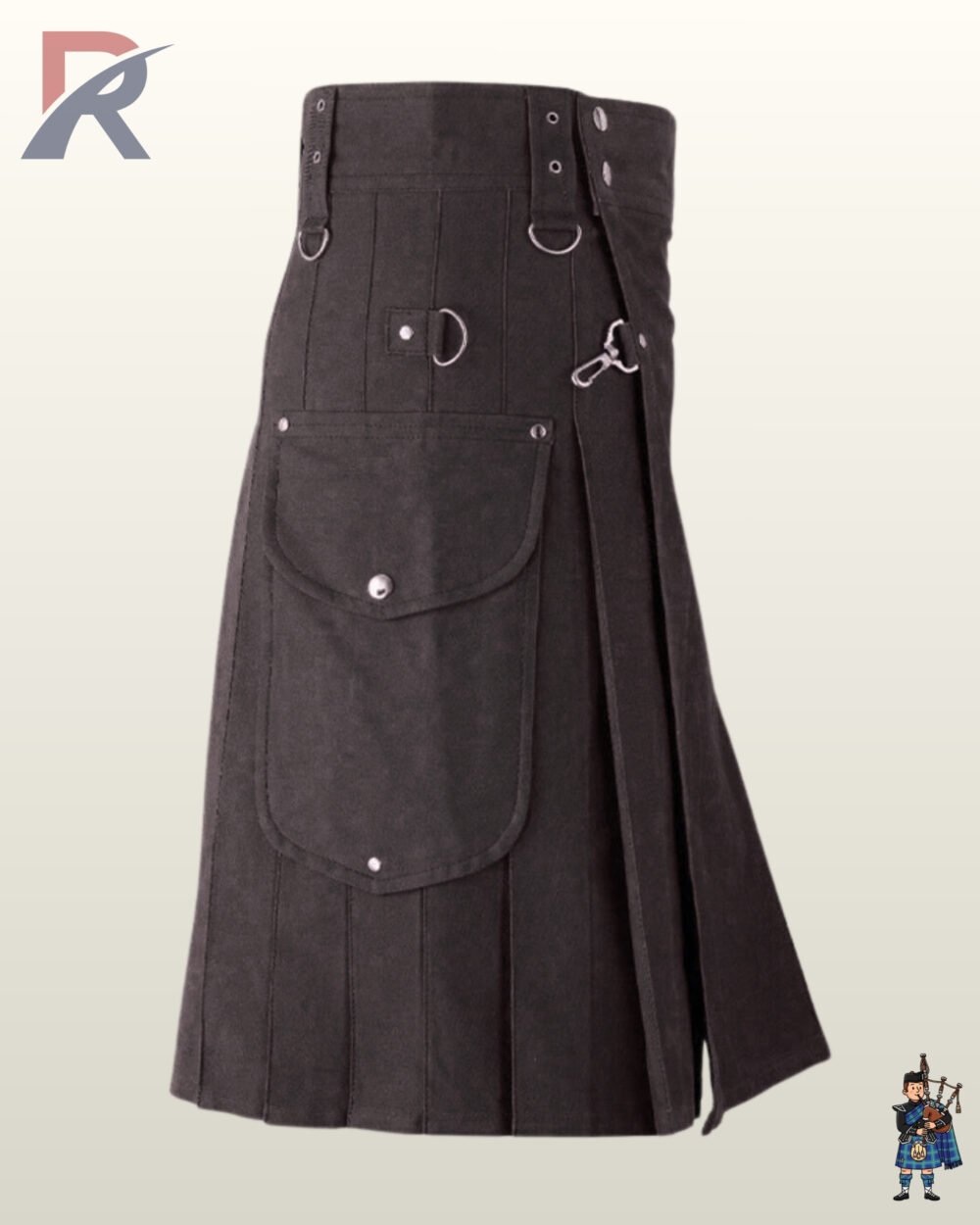 Heavy-duty black canvas work kilt displaying front apron strap details and flap-closure side pockets.