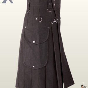 Heavy-duty black canvas work kilt displaying front apron strap details and flap-closure side pockets.