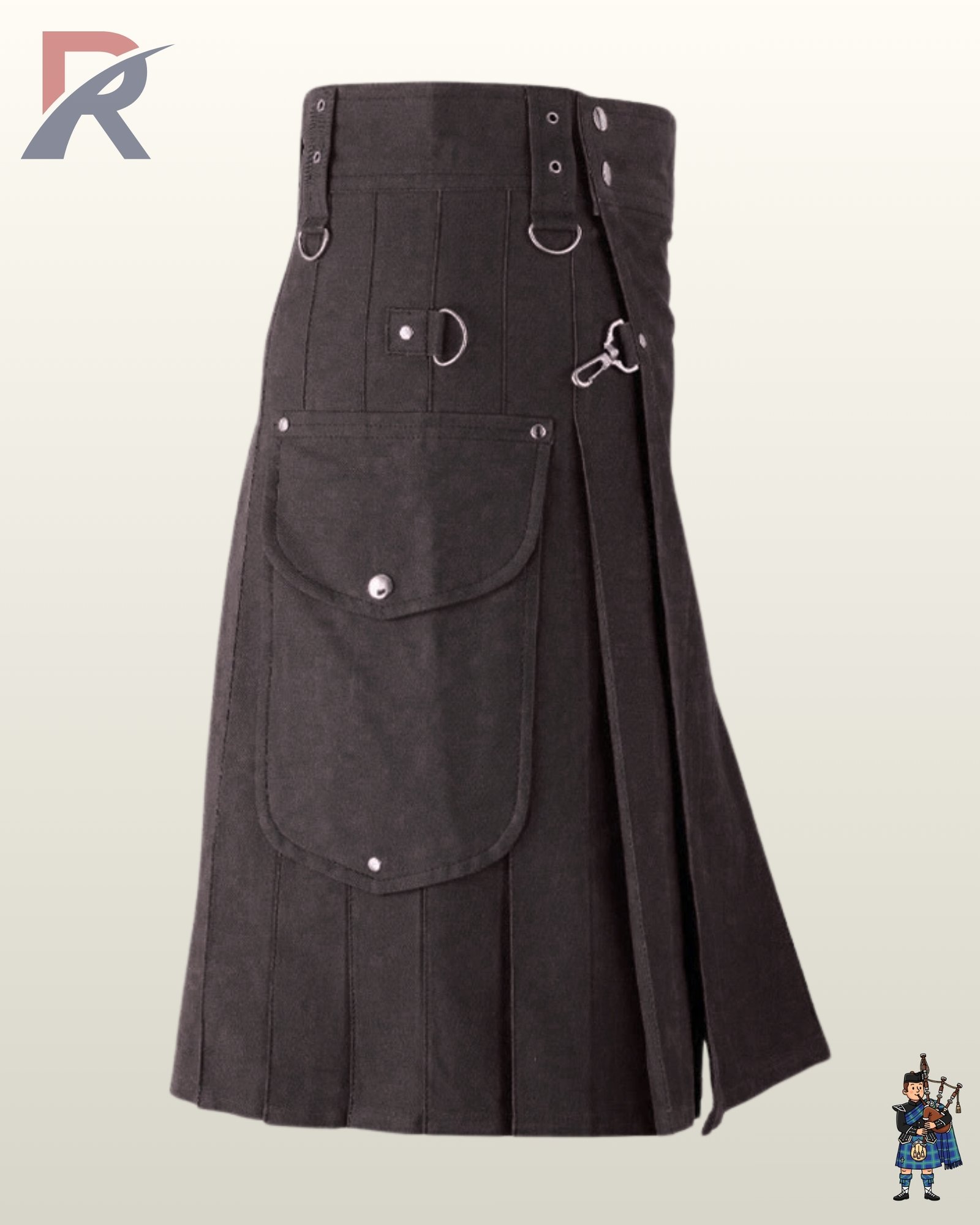 Heavy-duty black canvas work kilt displaying front apron strap details and flap-closure side pockets.
