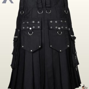 Back view of a men's black gothic utility kilt featuring twin cargo pockets with metal grommets and D-ring loops.