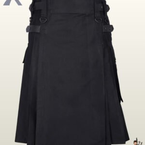 Rear view of a men's black utility kilt showing crisp back pleating, wide belt loops, and D-ring loops.