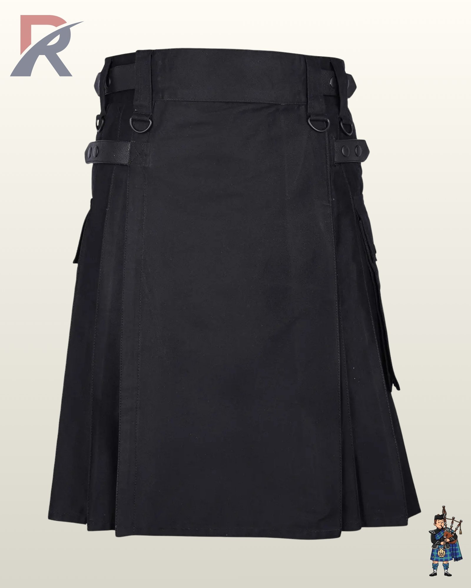 Rear view of a men's black utility kilt showing crisp back pleating, wide belt loops, and D-ring loops.
