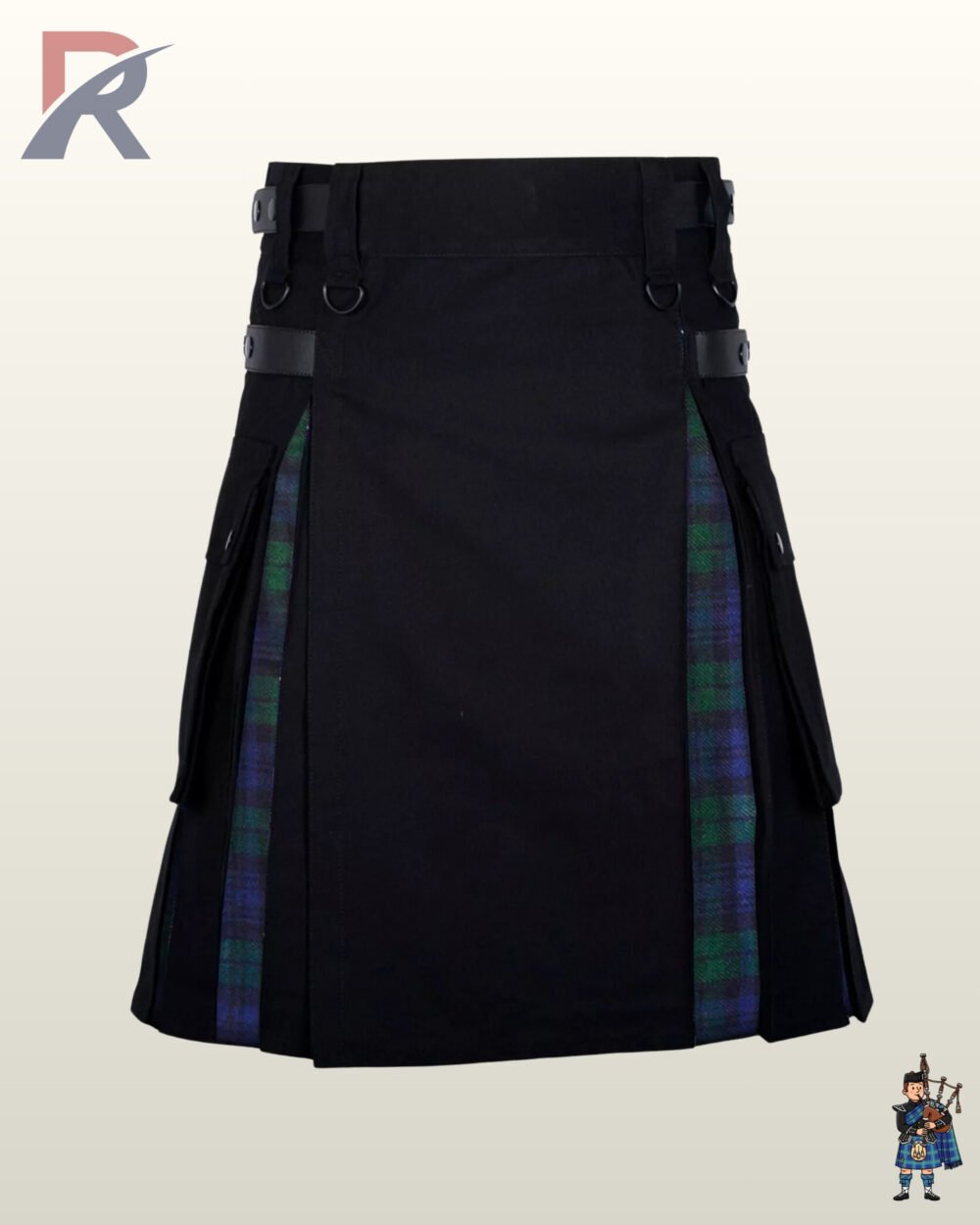 Heavy-duty black utility kilt designed with traditional Black Watch tartan inner pleat accents.