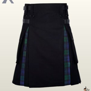 Heavy-duty black utility kilt designed with traditional Black Watch tartan inner pleat accents.