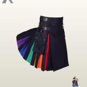 Gothic-style men's black utility kilt styled with rainbow pleats, D-rings, and a clip-on storage pouch.