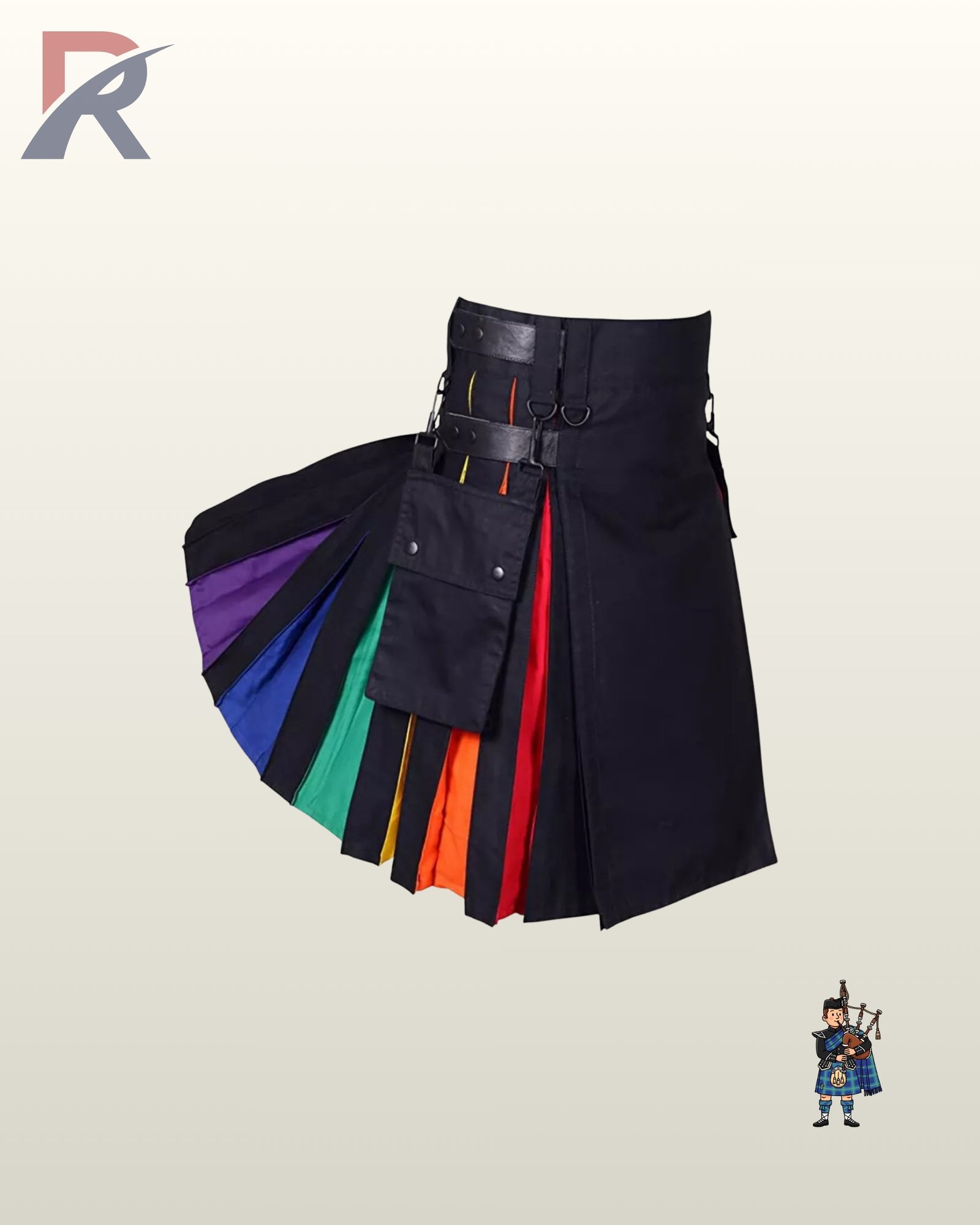 Gothic-style men's black utility kilt styled with rainbow pleats, D-rings, and a clip-on storage pouch.