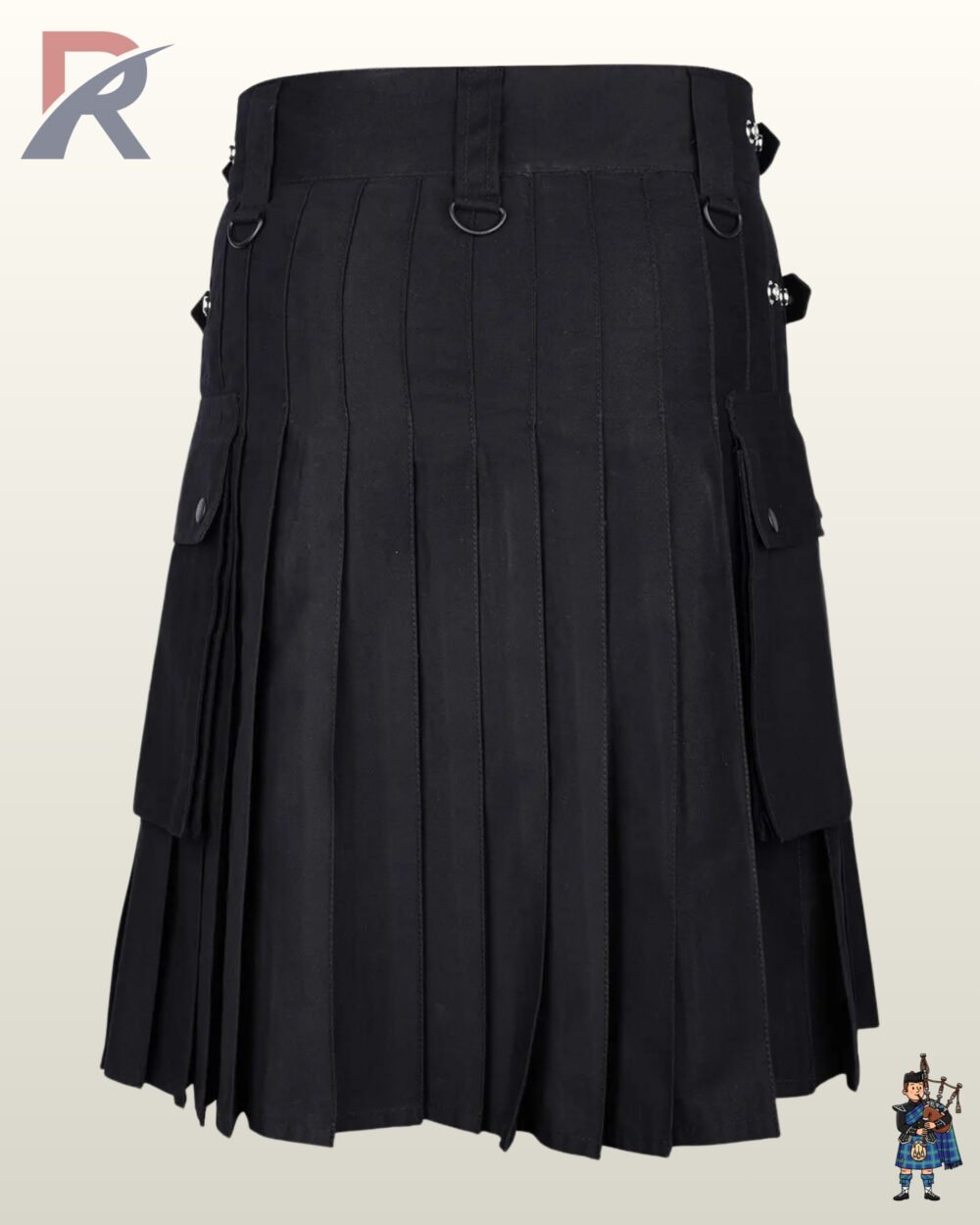 Back profile of a men's black cotton work kilt styled with waistband D-rings and spacious side pouches.