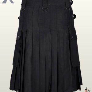 Back profile of a men's black cotton work kilt styled with waistband D-rings and spacious side pouches.