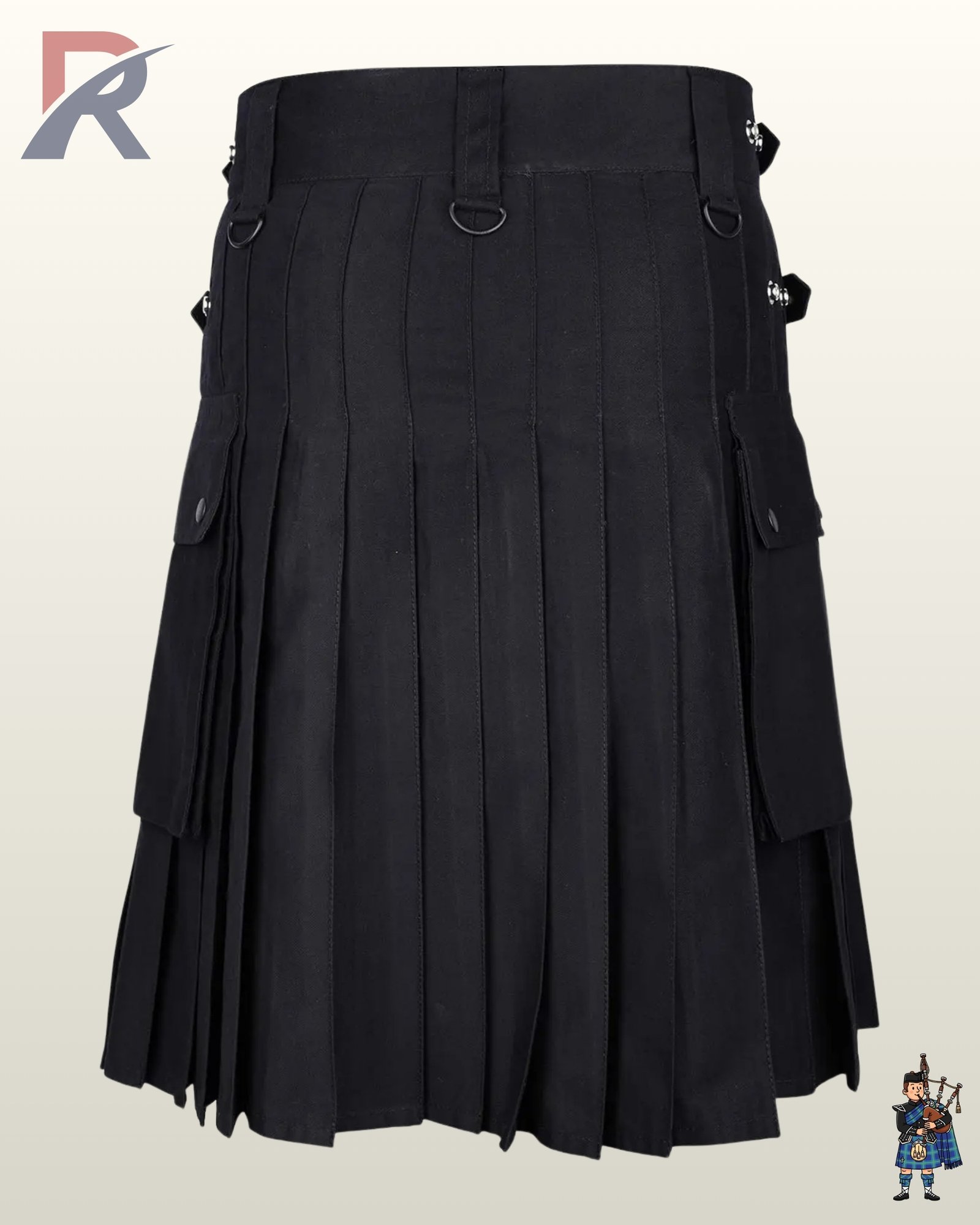 Back profile of a men's black cotton work kilt styled with waistband D-rings and spacious side pouches.