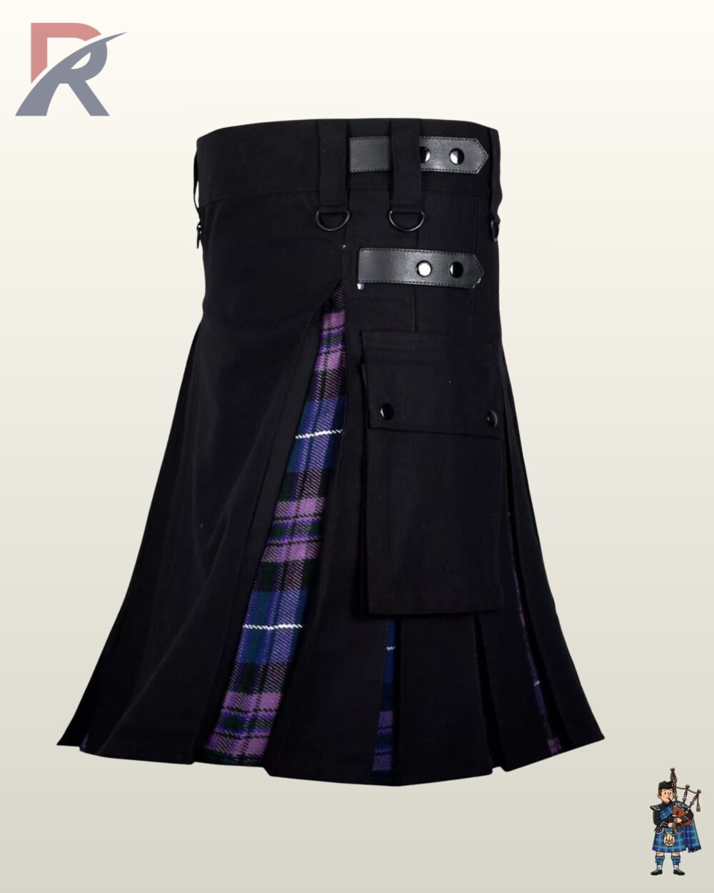 Men's alternative fashion kilt displaying a black center panel with inner purple tartan pleating.