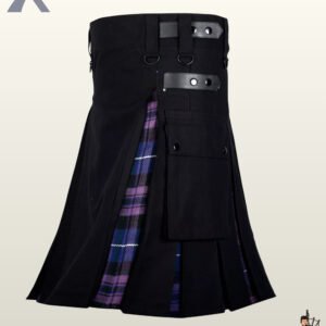 Men's alternative fashion kilt displaying a black center panel with inner purple tartan pleating.