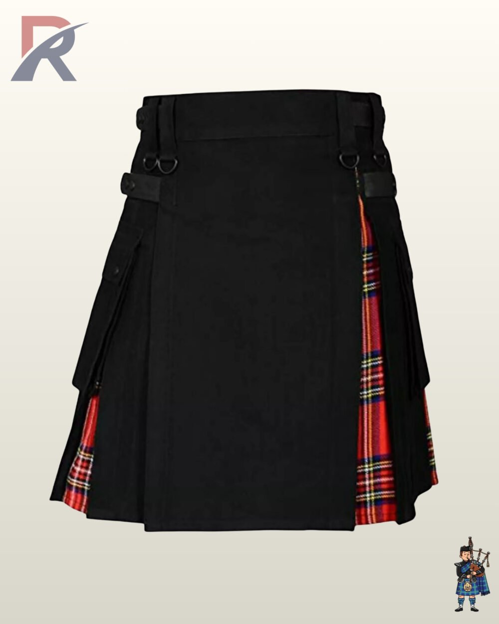 Men's black hybrid kilt displaying adjustable black leather waist straps and red plaid underlay panels.