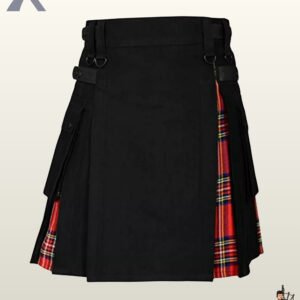 Men's black hybrid kilt displaying adjustable black leather waist straps and red plaid underlay panels.